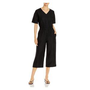 Eileen Fisher Black Short Sleeve V-Neck Linen Blend Jumpsuit Women Size Large